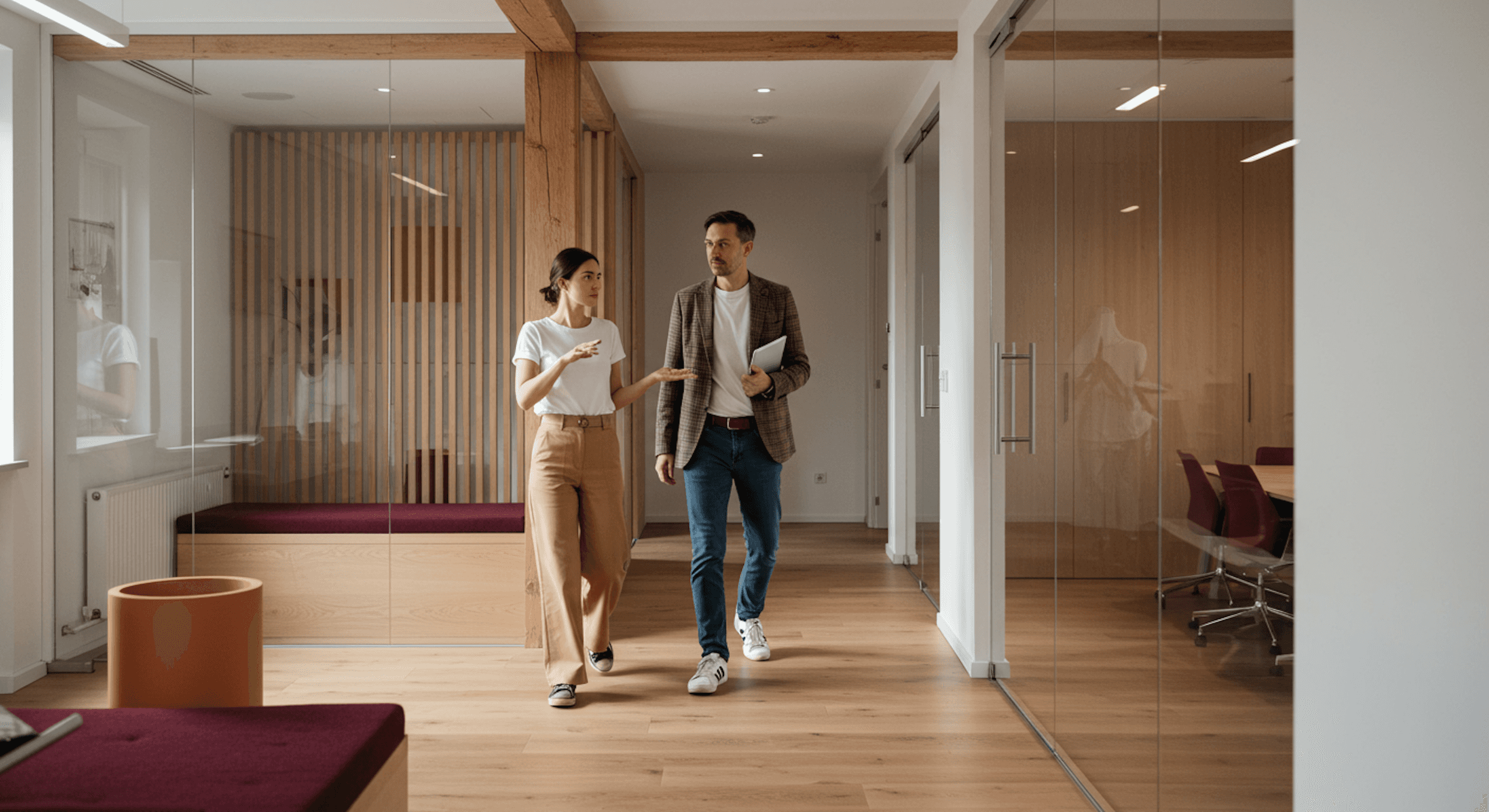 two people walking and talking in a modern office with wooden floors, glass walls, and natural light.