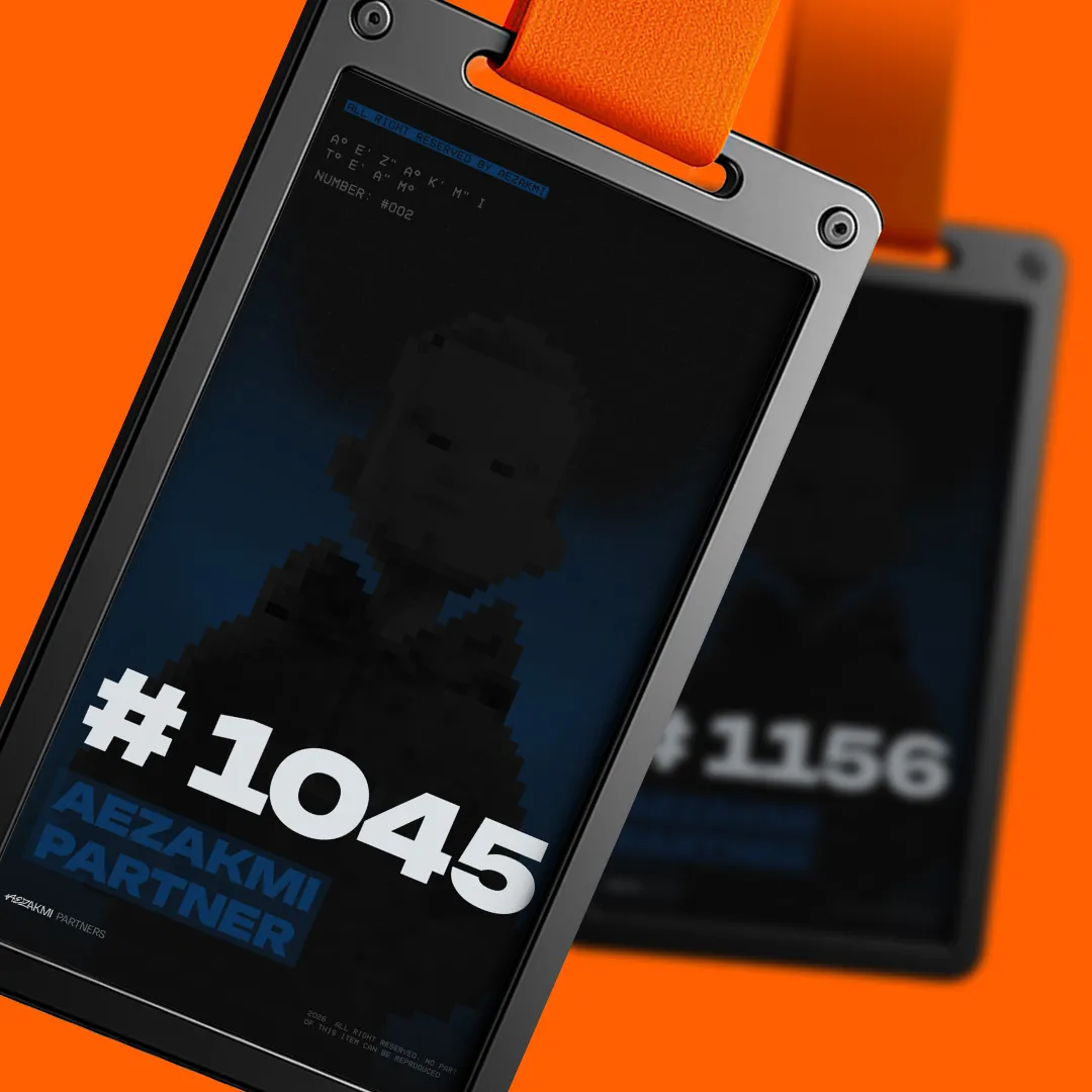 Aezakmi partner digital ID badge mockup with futuristic orange background