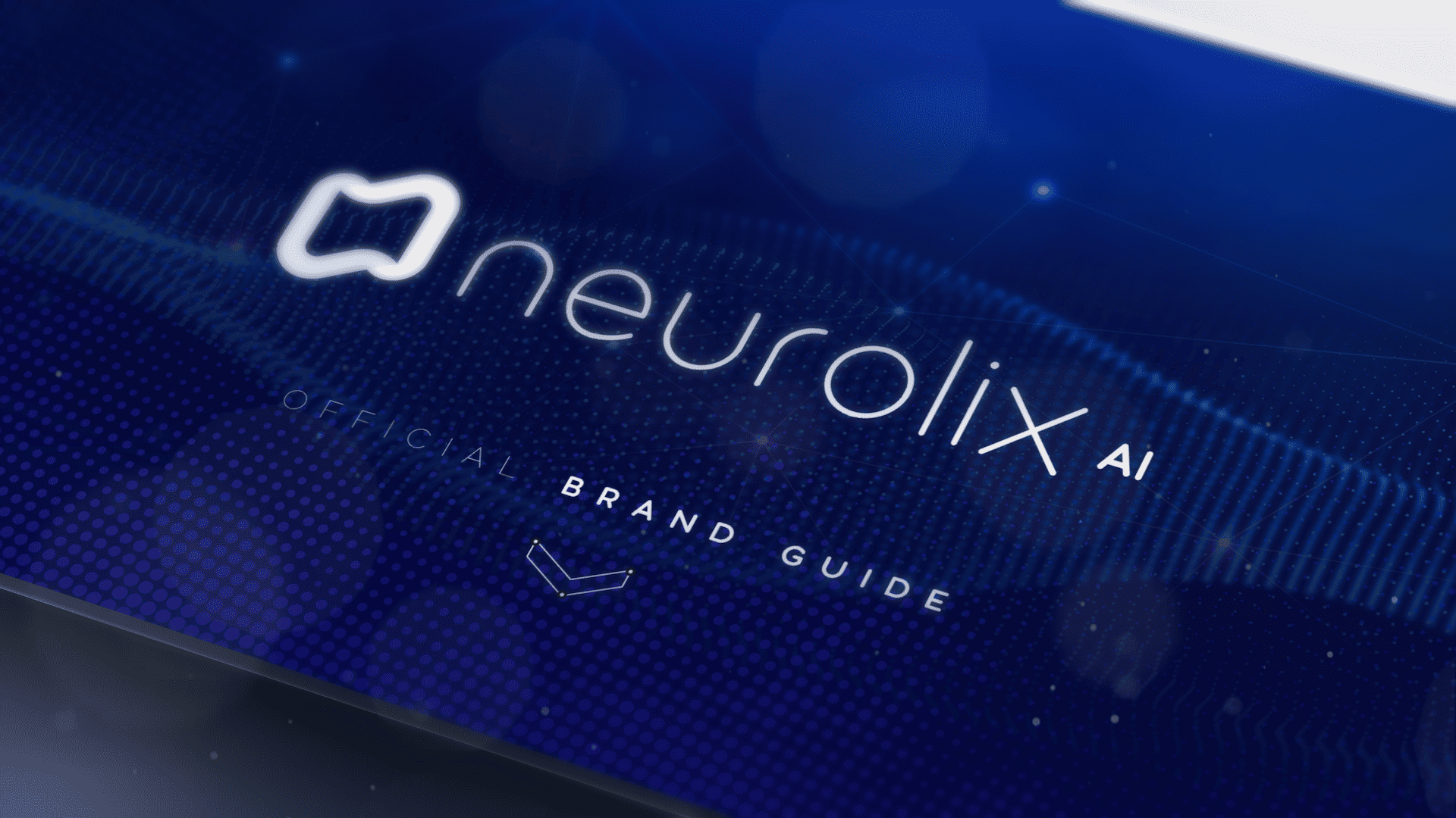 Neurolix AI brand guide cover mockup displaying tablet device at angle showing full logo lockup with abstract brain mark and "Official Brand Guide" title on dark blue halftone texture background with subtle particle effects.