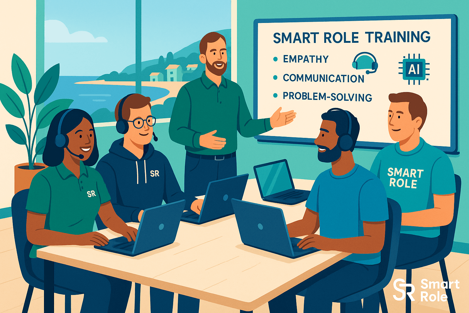Illustration of a diverse customer service team in a modern office, engaged in a collaborative training session with a whiteboard displaying 'Empathy' and 'Communication,' using Smart Role training tools.