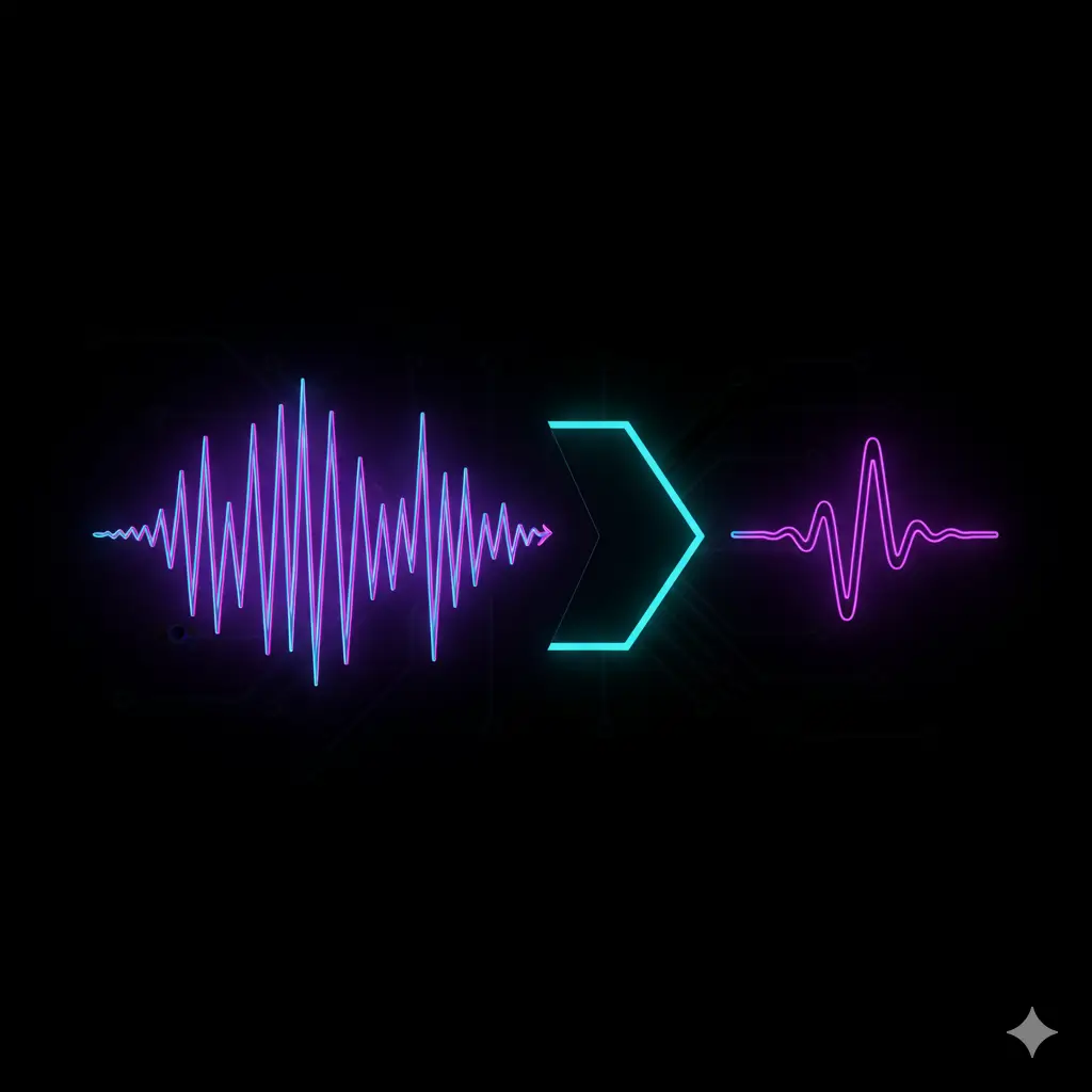 A vibrant, neon graphic shows sound waves transitioning through an arrow, suggesting audio processing or transformation.