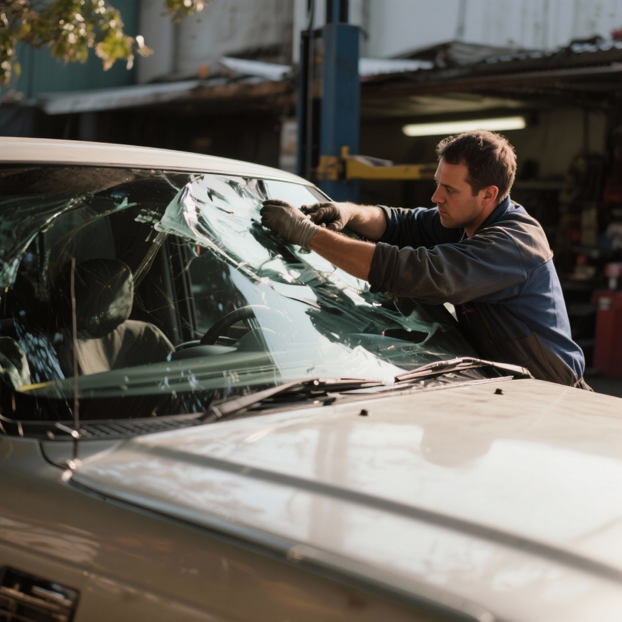 Technician replacing windshield on a vehicle parked in Plant City, Florida