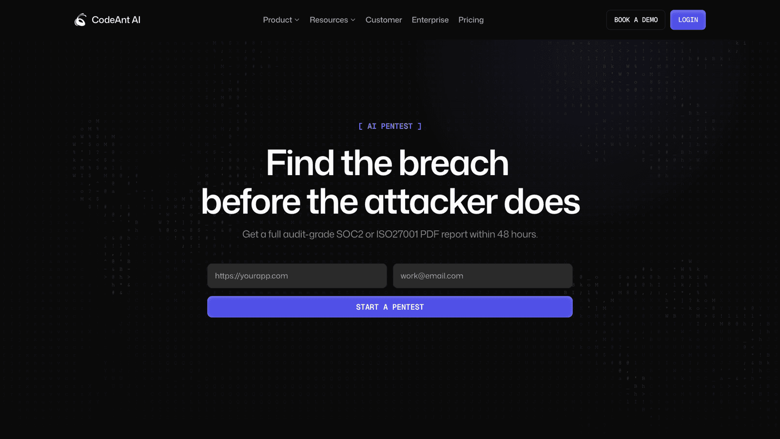 CodeAnt AI pentesting page with the headline Find the breach before the attacker does and a promise of an audit-grade SOC2 or ISO27001 PDF report within 48 hours