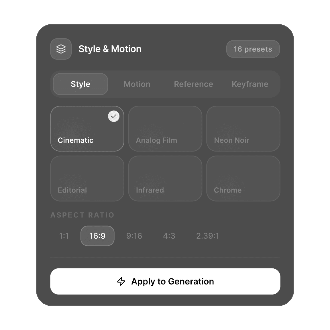 VISIO creative controls for style, motion, and references.