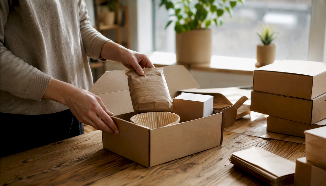 Hands packing coffee subscription boxes