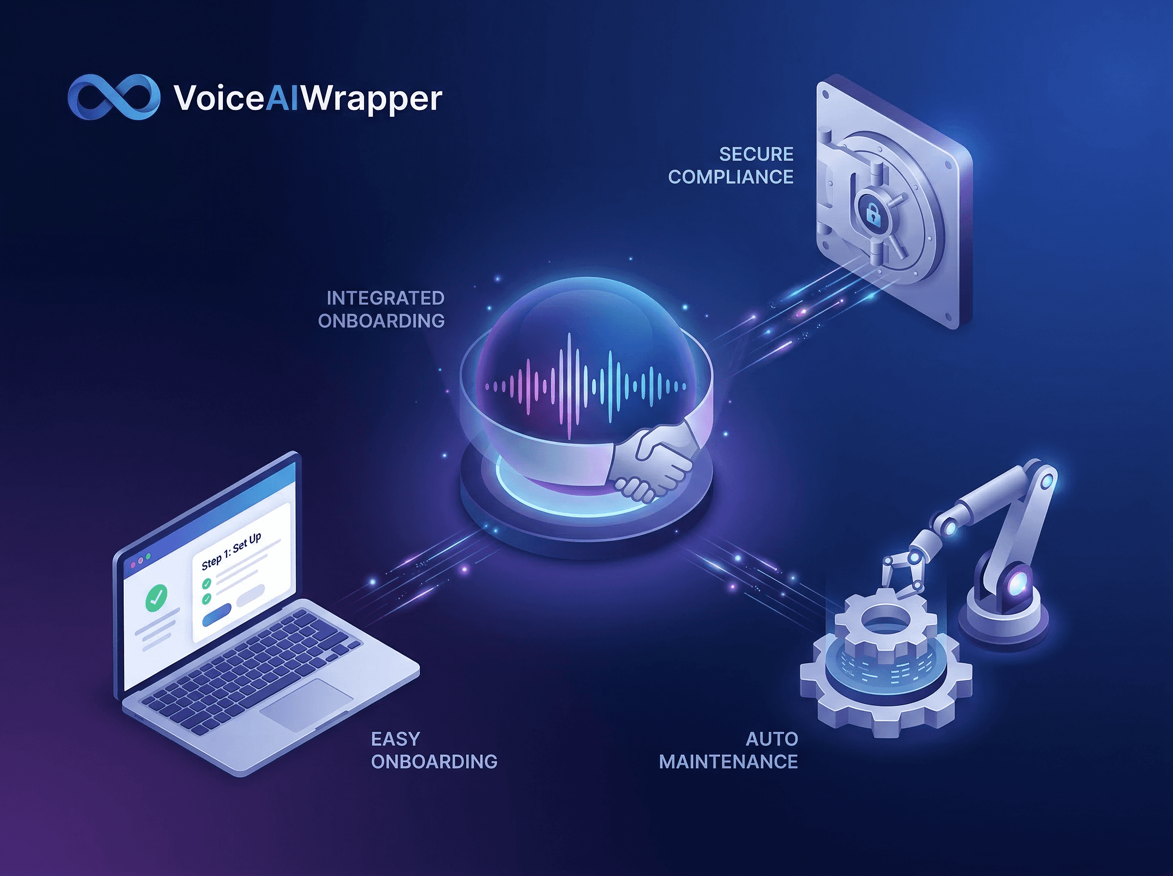 Custom AI phone call agents 3D isometric security with SOC 2 HIPAA GDPR compliance, zero-maintenance auto updates, and 7-day free trial | VoiceAIWrapper.
