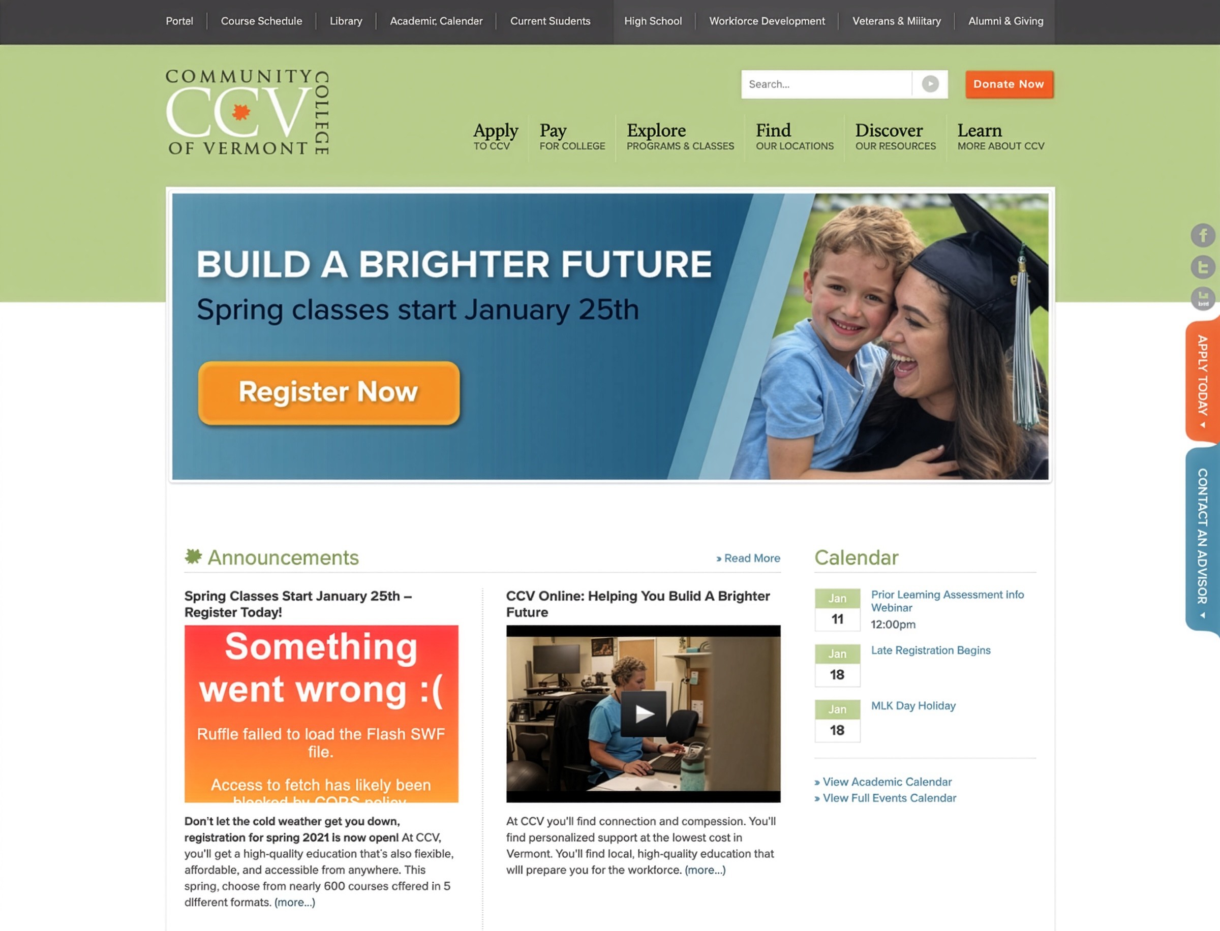 Previous design of the landing page