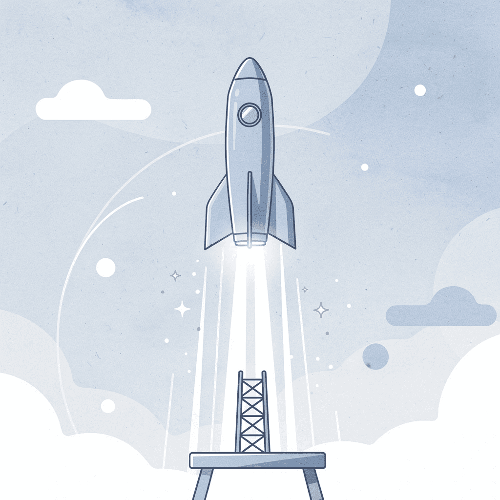 Scene of a platform launching upward, representing fast production-grade AI outcomes