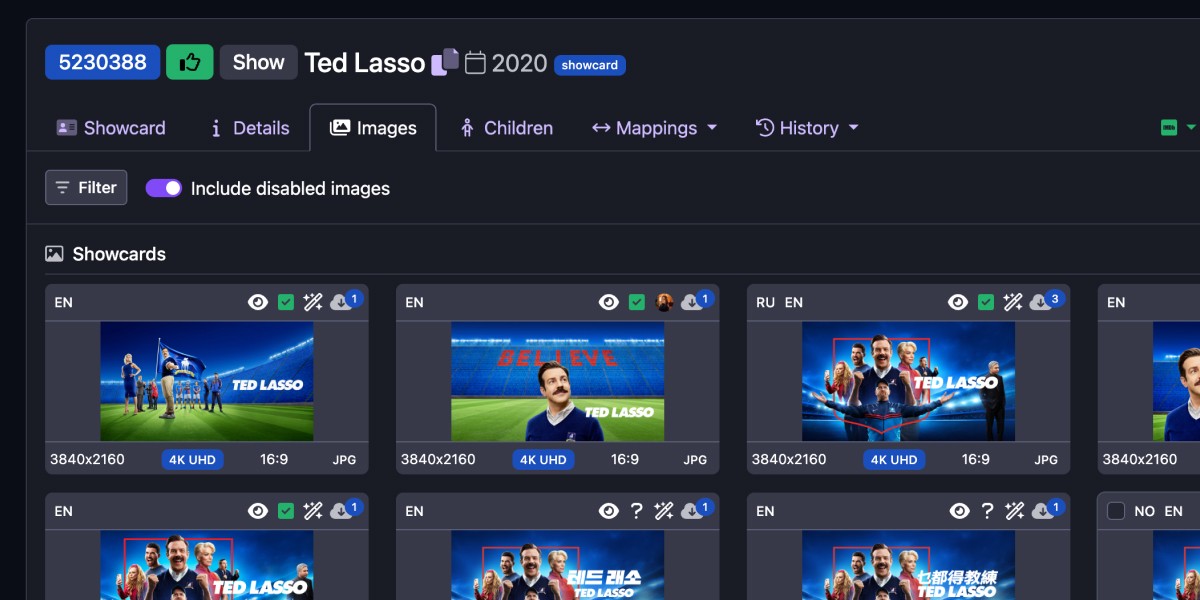 Dashboard managing platform-compliant image assets for Ted Lasso with resolution and format metadata