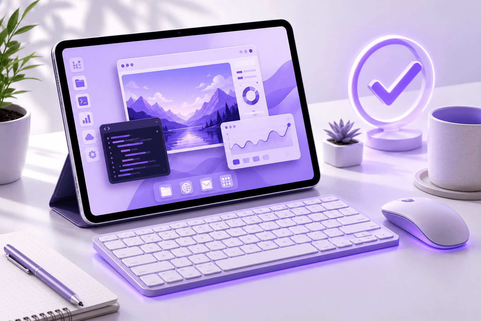 Tablet workstation with keyboard and mouse showing creative app windows, code, analytics, and a glowing checkmark.