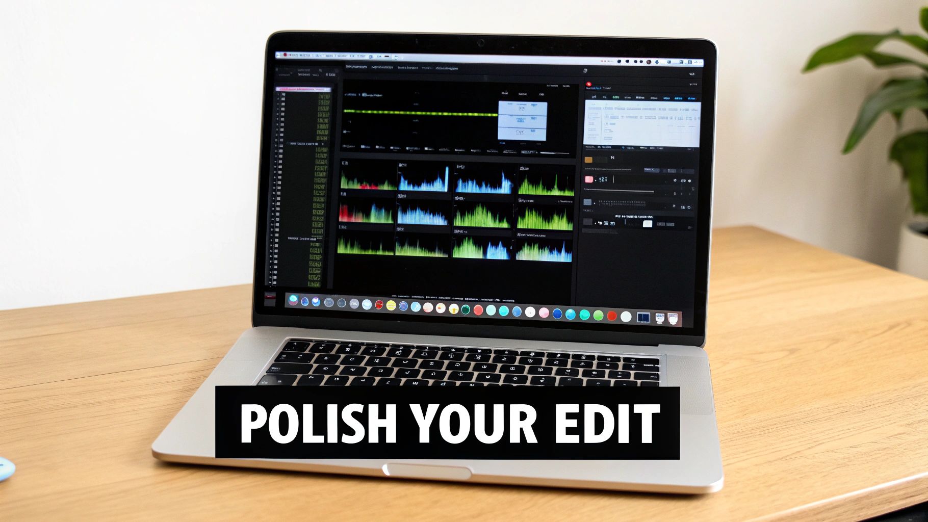 MacBook displaying video editing software with colorful audio waveforms and timeline on wooden desk