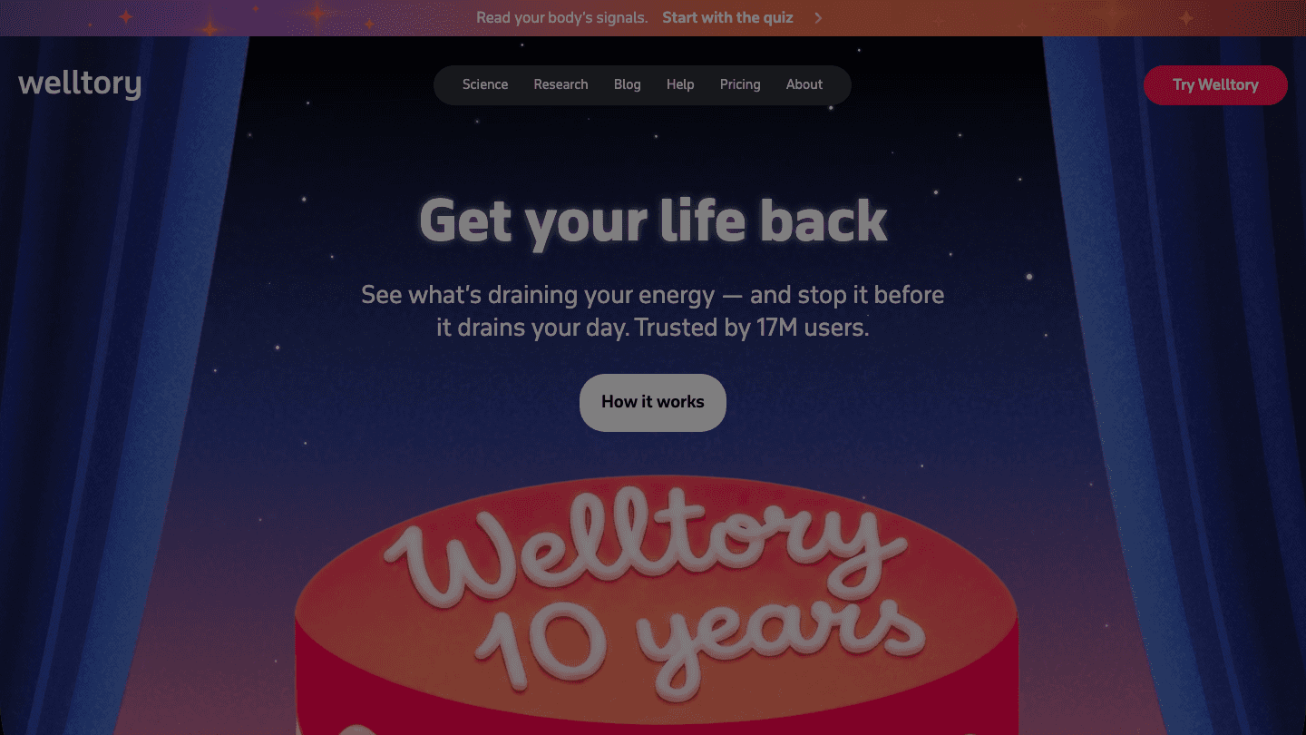 Welltory website showing the heart rate and stress app