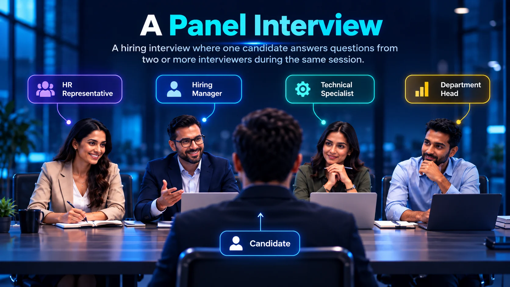 Image Showing Panel interview with one candidate and four interviewers.