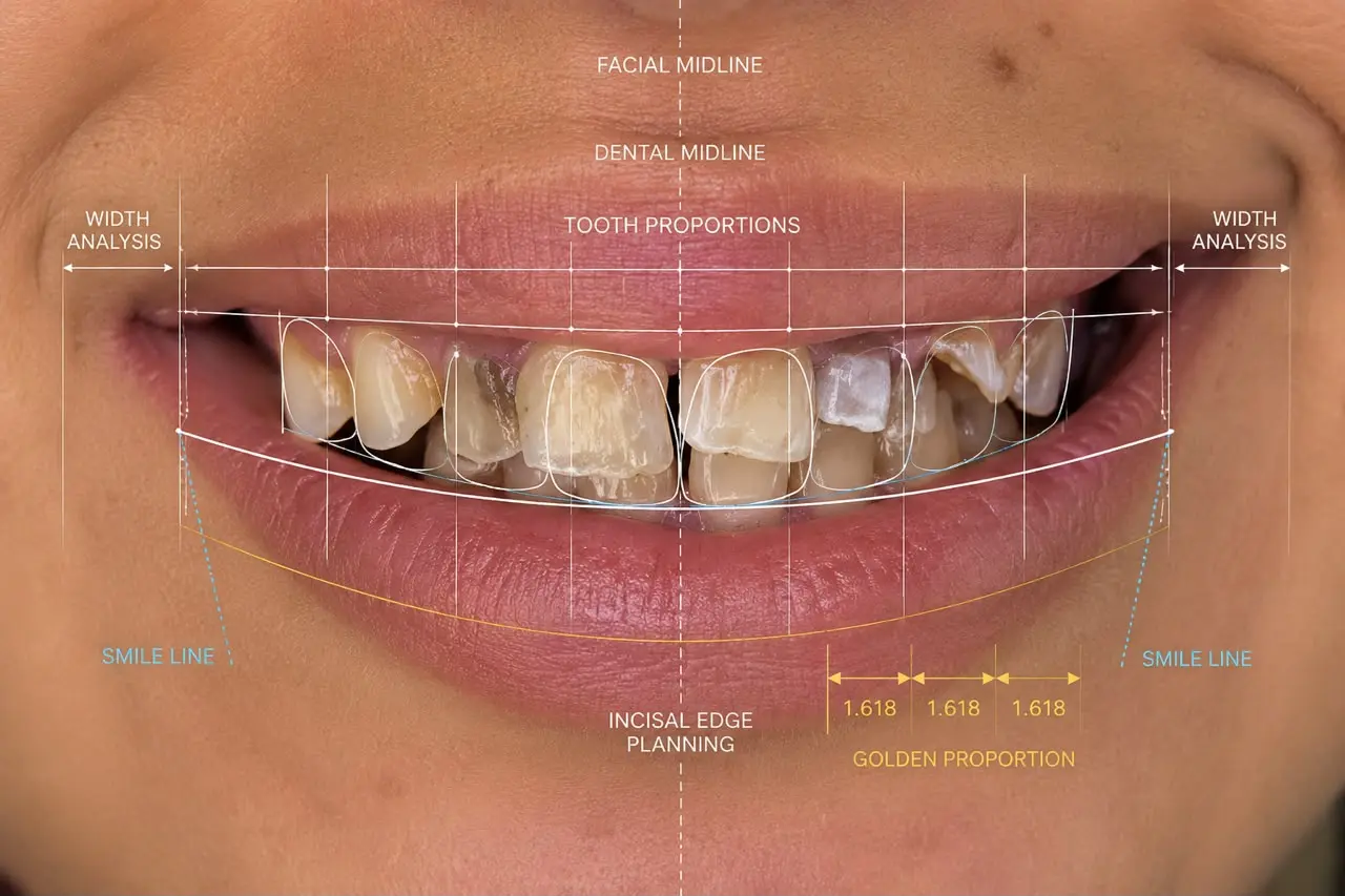 Simulation numérique du sourire avant le traitement par facettes dentaires.