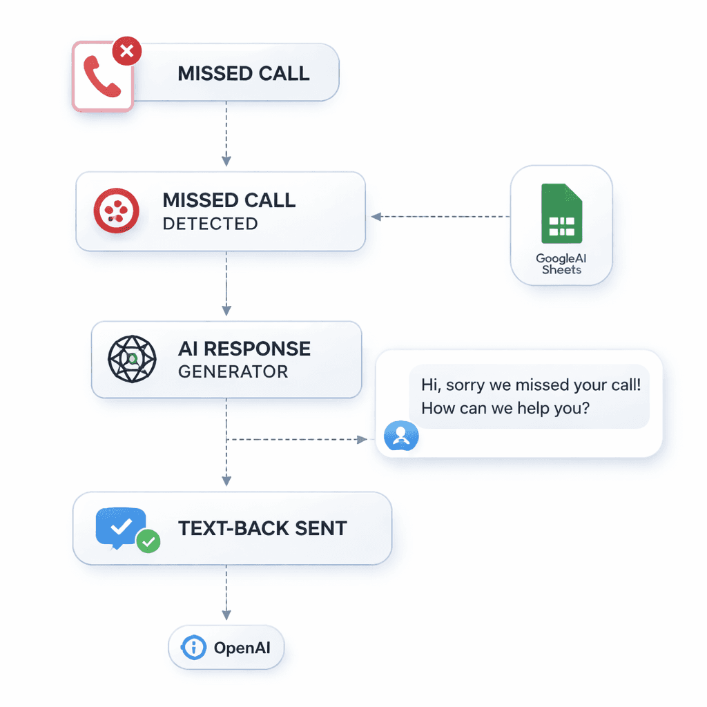 A realistic flowchart showing a missed call detection node, an AI response generator, and a text‑back message being sent, with icons for Twilio, Google Sheets, and OpenAI. Alt: missed call text back workflow diagram