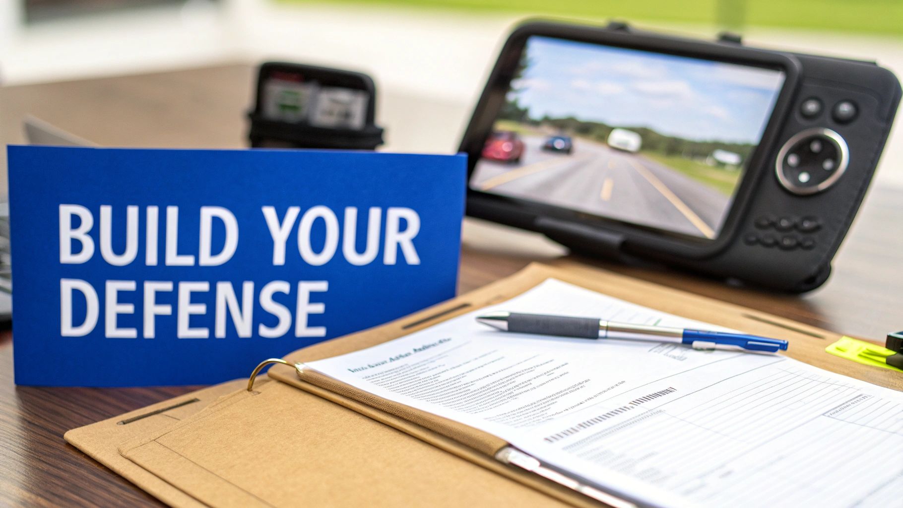 A desk with a 'BUILD YOUR DEFENSE' sign, a tablet showing road footage, and legal documents.