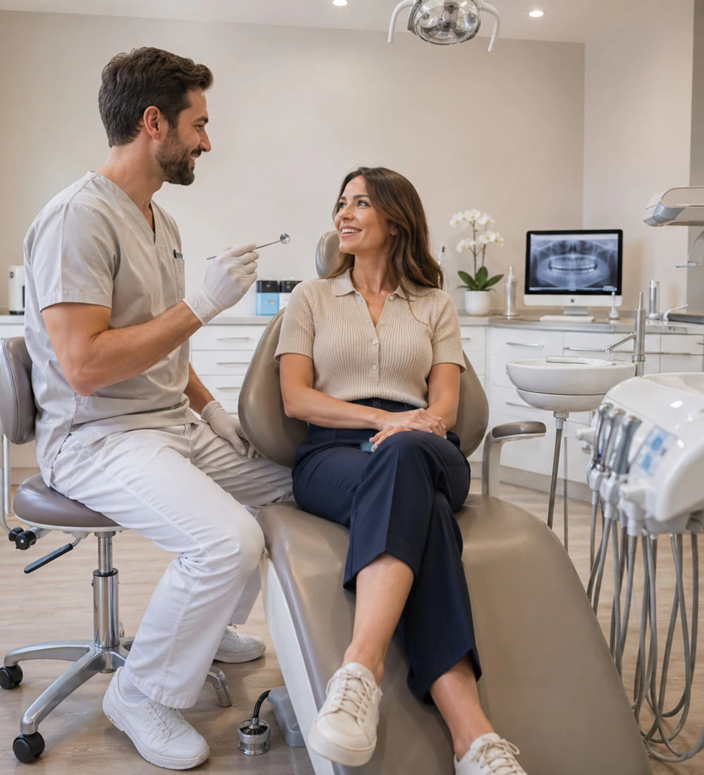Patient smiling in the dental chair while talking with her dentist