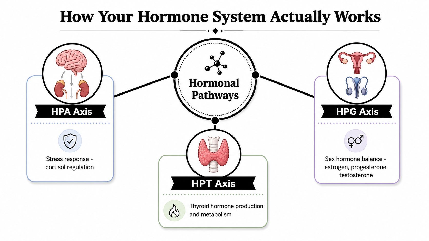 A diagram illustrating the HPA, HPT, and HPG hormonal pathways responsible for stress, metabolism, and sex hormones.