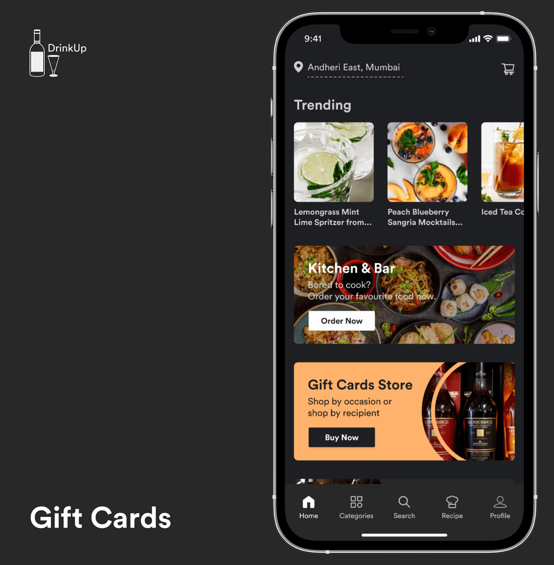 Focused on the Trending section and a Gift Cards Store banner offering occasion-based gift cards