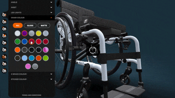 a GIF showing a digital configurator for a wheelchair, allowing to pick the frame colours and spin the chair on itself.