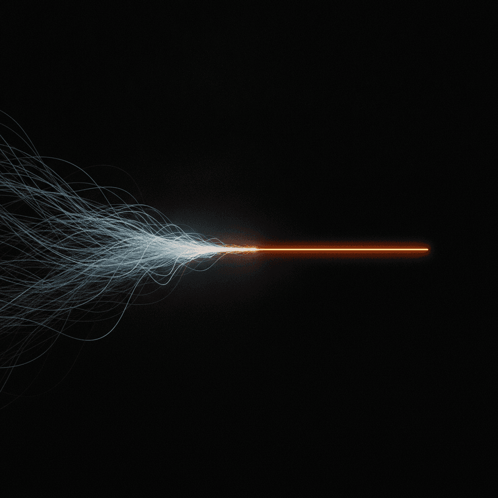 Single thin line of light bisecting a dark field, broken at one point glowing orange