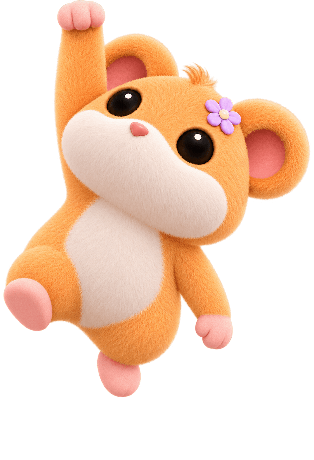 Ellie the hamster hanging from the card by one paw, looking up