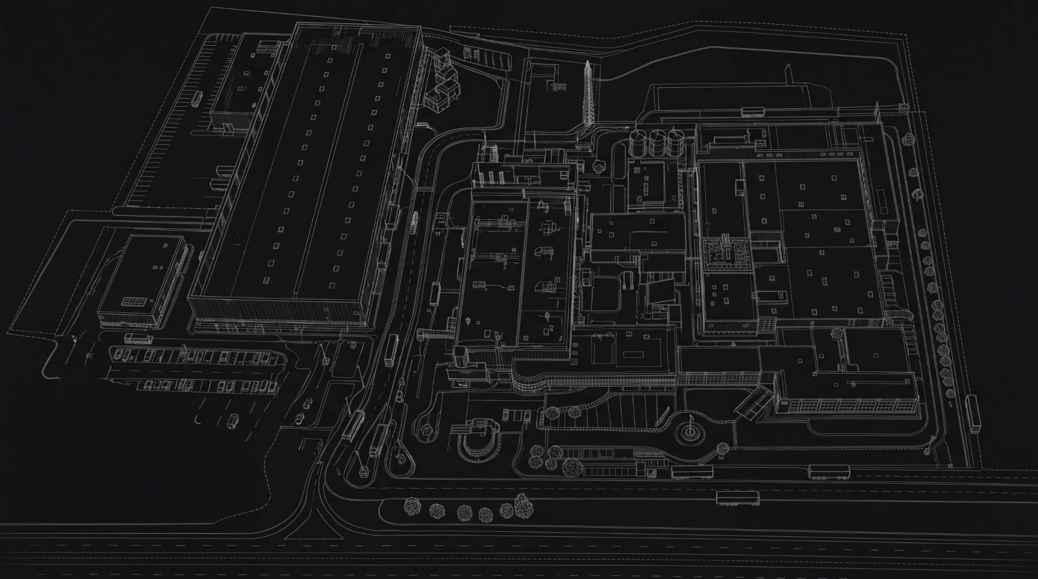 A dark site-plan illustration showing the foundry buildings and grounds from above.