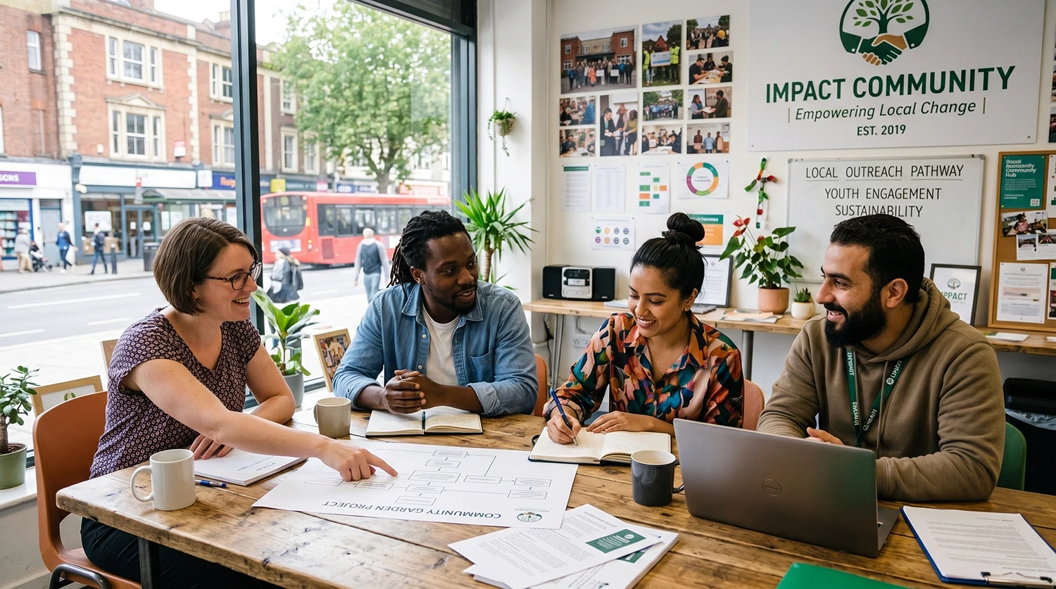 Multicultural team working at UK social enterprise creating community impact
