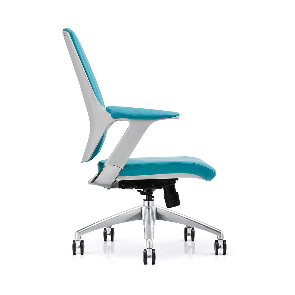 Side profile of a teal blue mid-back office chair with a modern white frame, ergonomic curved backrest, and polished chrome swivel base.