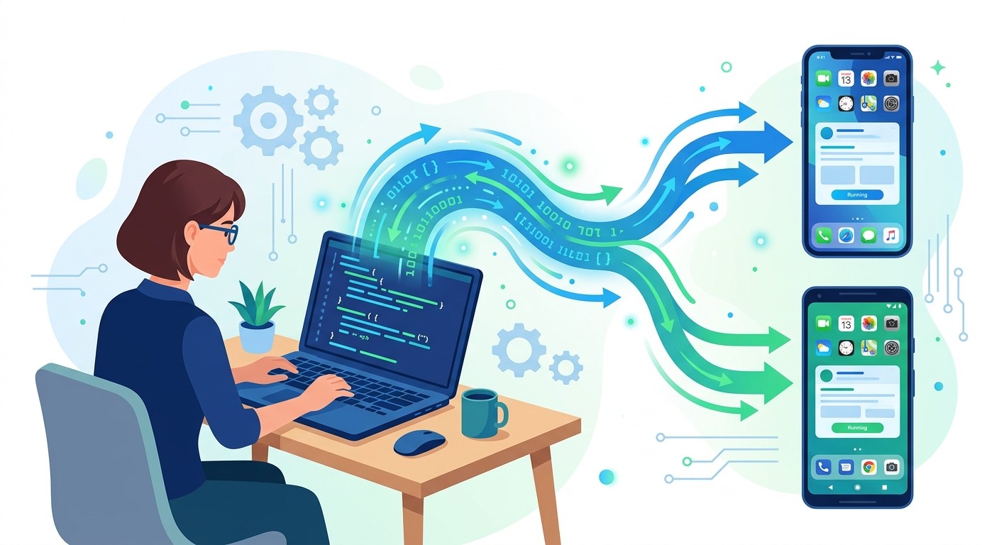 Flat illustration of cross-platform development deploying one codebase to both iOS and Android