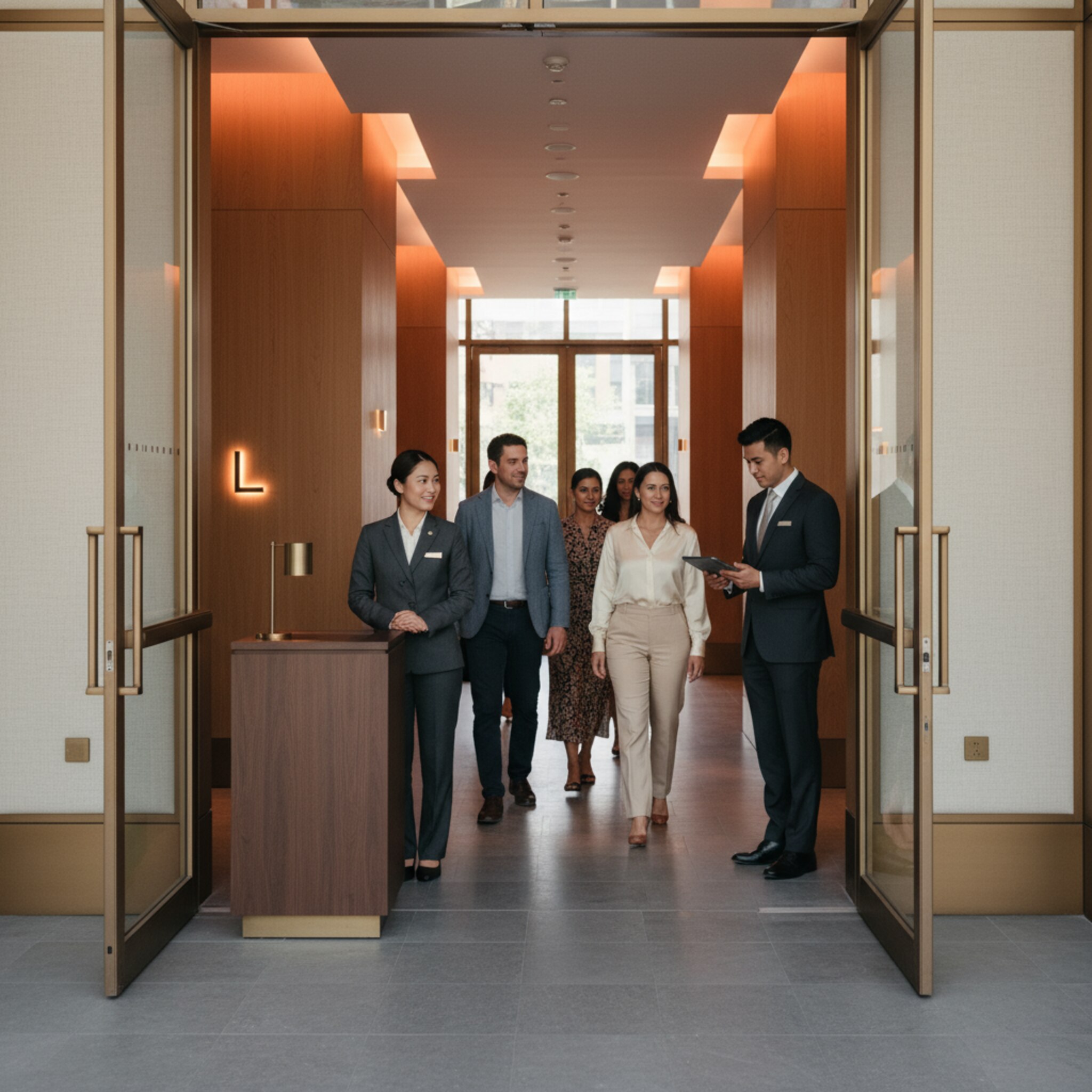 Im Eingangsbereich begrüßt ein Mitarbeiter Gäste mit professioneller Ruhe. Ein weiterer prüft diskret Ausweise und nickt dem Team zu. Das Licht ist warm, die Bewegungen sind flüssig koordiniert. Die Szene wirkt geordnet und zügig, ohne Hektik.