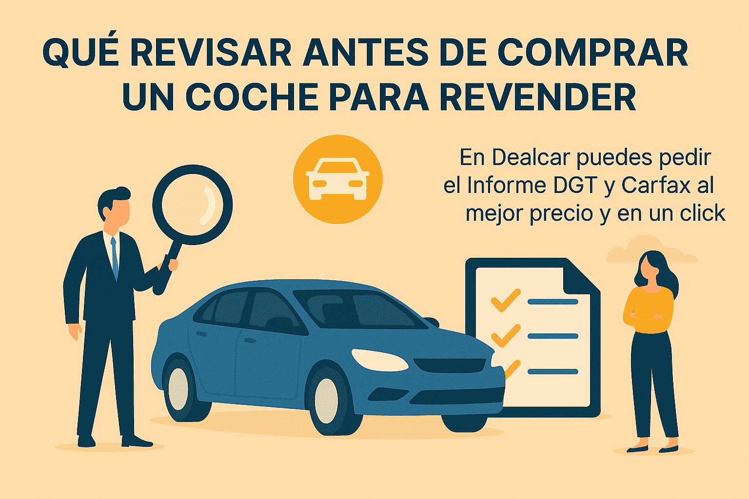 Buying a car to resell checklist with Dealcar. Get DGT & Carfax reports.