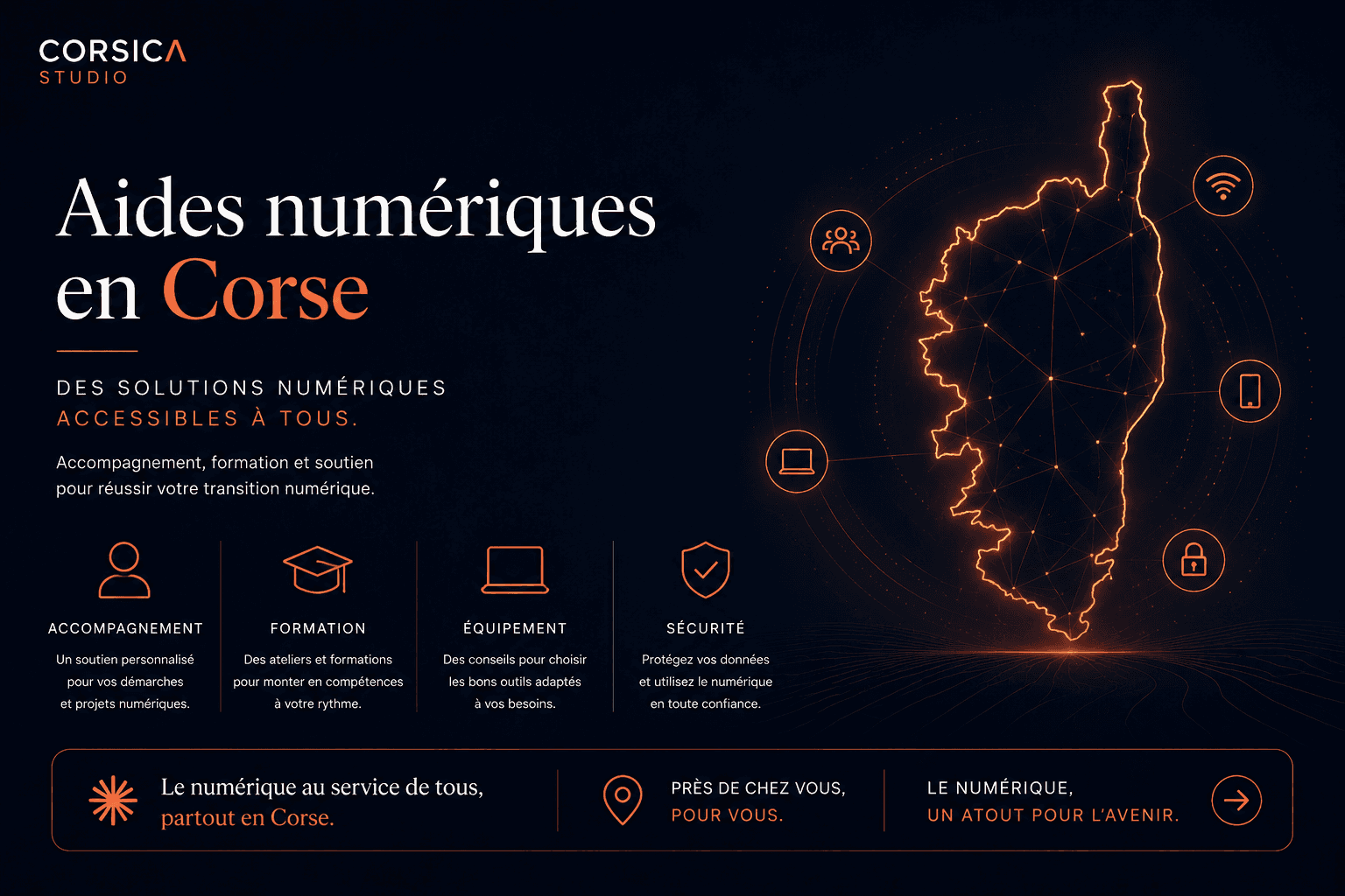 Aides numériques en Corse par Corsica Studio, illustration premium sur accompagnement digital, formation, équipements numériques et transition digitale accessible aux entreprises et particuliers en Corse.