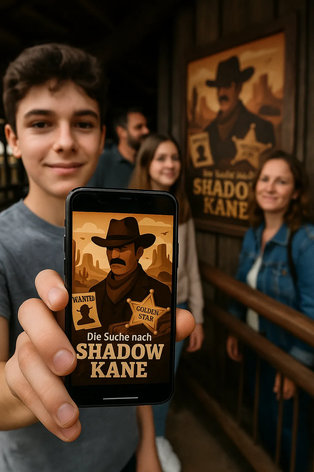 Person hält ein Smartphone mit einer interaktiven Western-Story auf dem Display, während weitere Besucher im Hintergrund stehen
