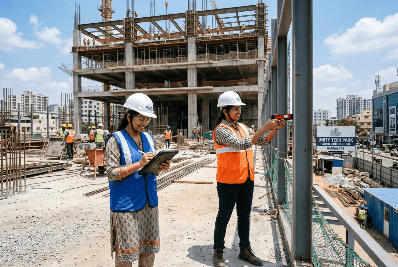 Construction workers reviewing blueprints
