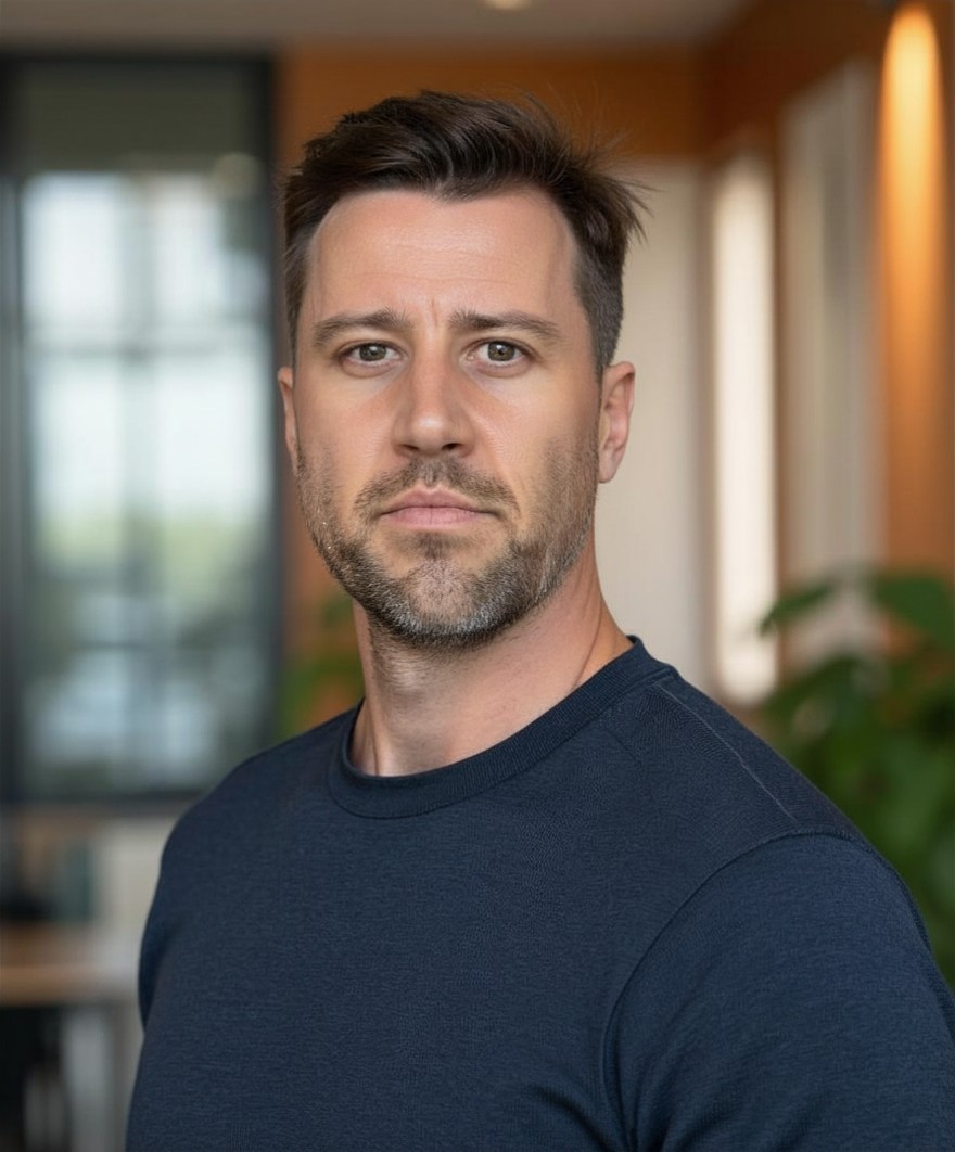 A smiling woman with her arms crossed, standing against a dark green background. She has long, dark hair.