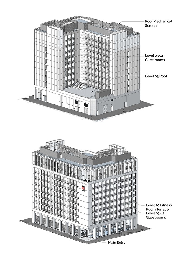 Two axonometric views of the front and back of the building featuring a square podium and an L-shaped tower.