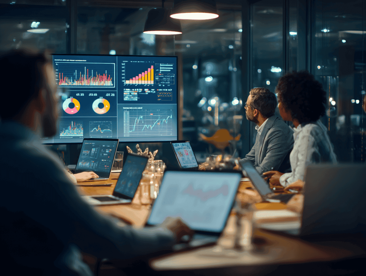 A professional yet warm scene of business analysts reviewing financial dashboards and charts