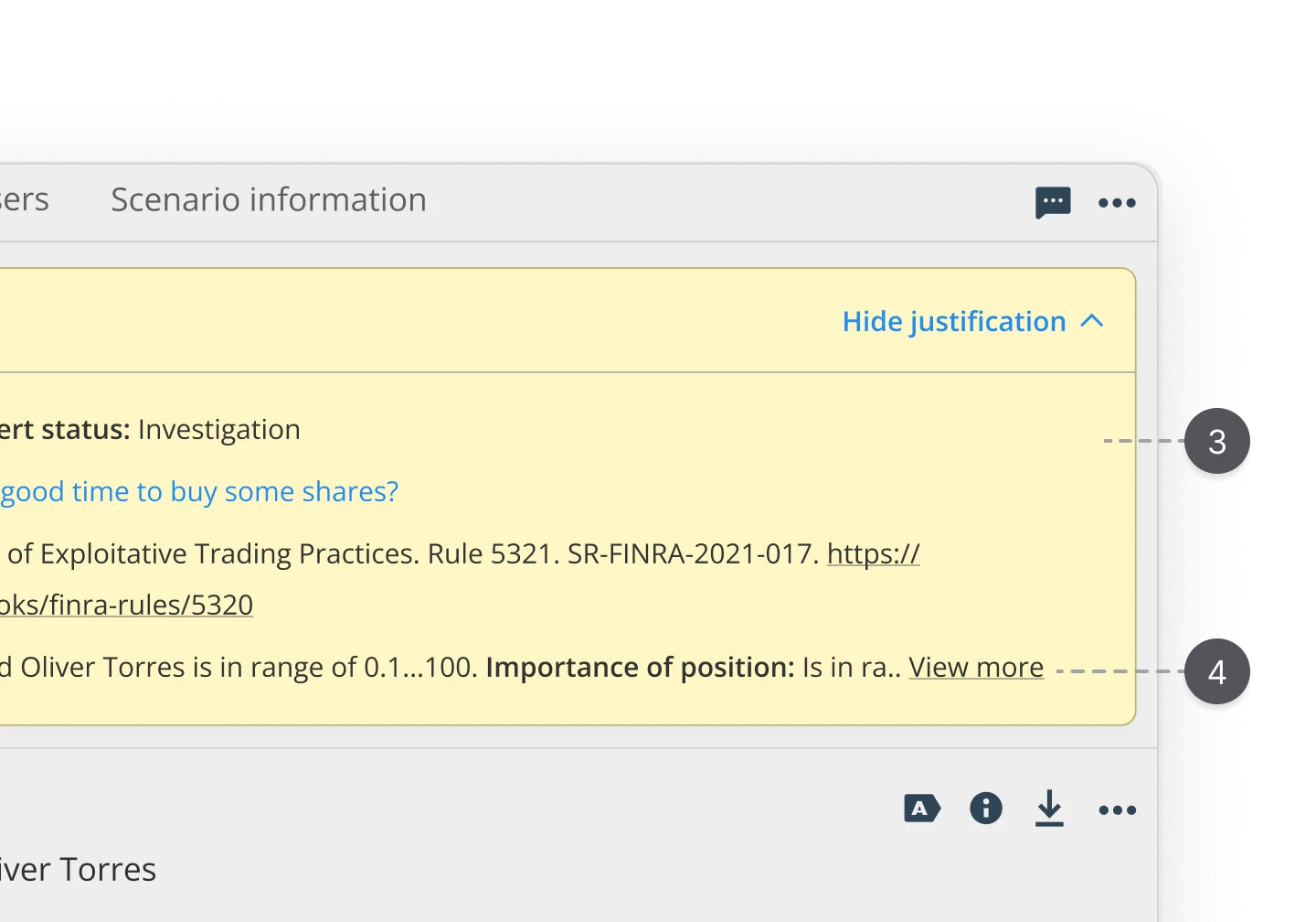Screenshot of the Behavox alert panel showing the Risk scenario row with a "View justification" link highlighted. An arrow points to it from a caption reading "Where users actually went," showing the decision point where users naturally looked for context before taking action.