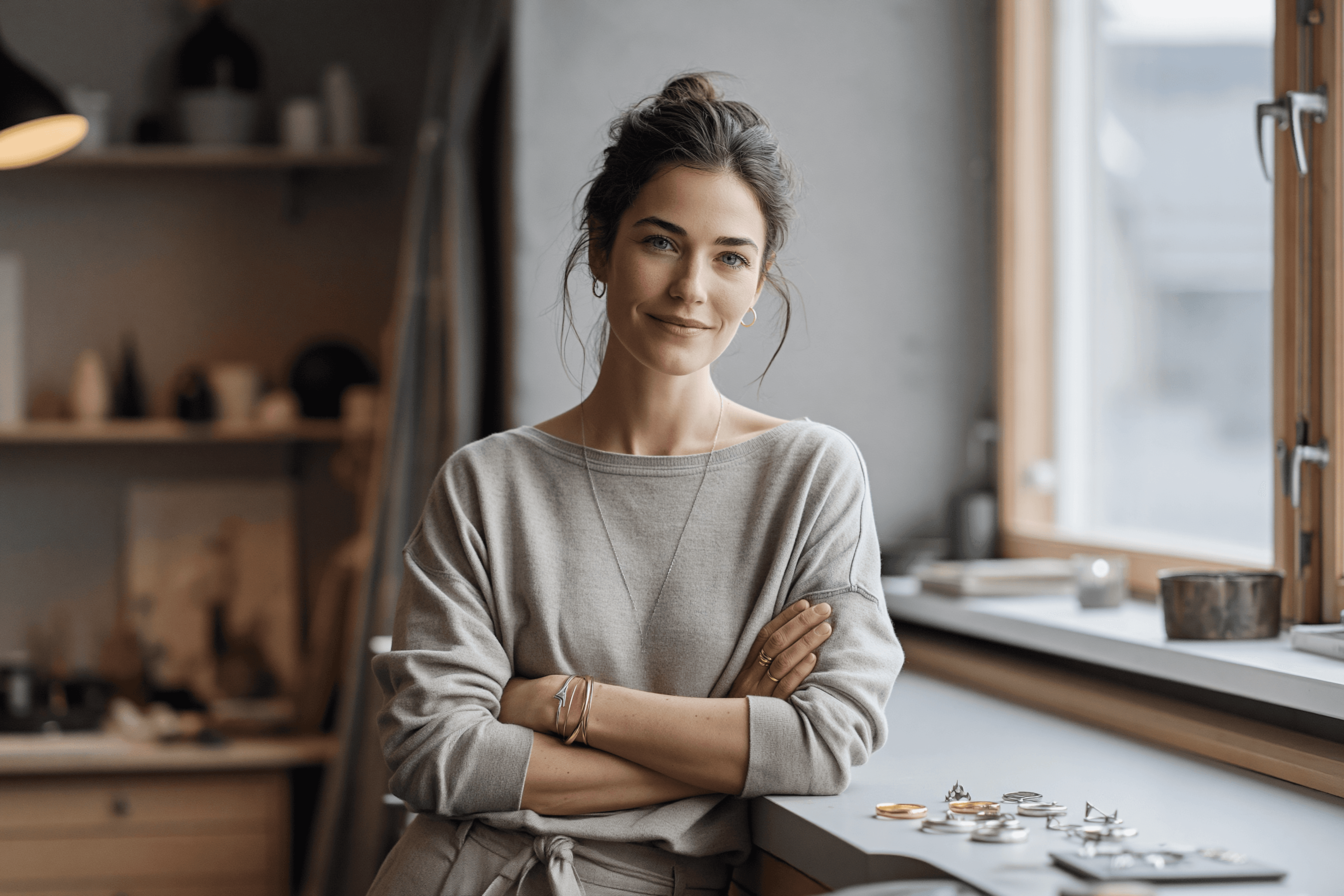 A woman with her hair in a bun, wearing a gray sweater and gold jewelry, stands with her arms crossed, leaning against a counter with jewelry displayed on it, in a modern, naturally lit room with wooden shelves in the background.