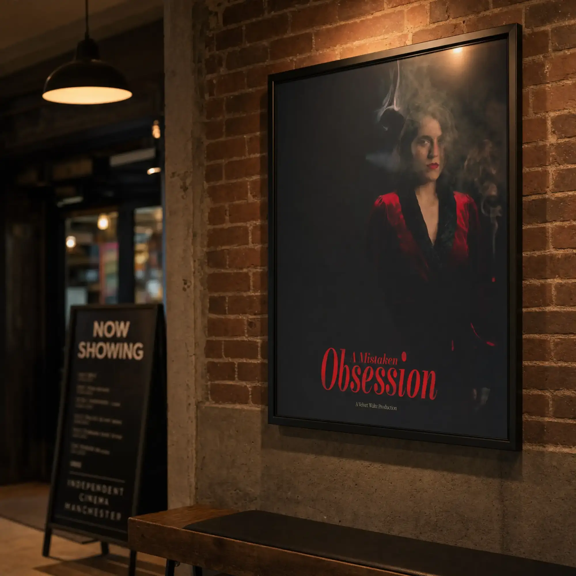 Framed A Mistaken Obsession poster of a woman in red beside a Now Showing sign