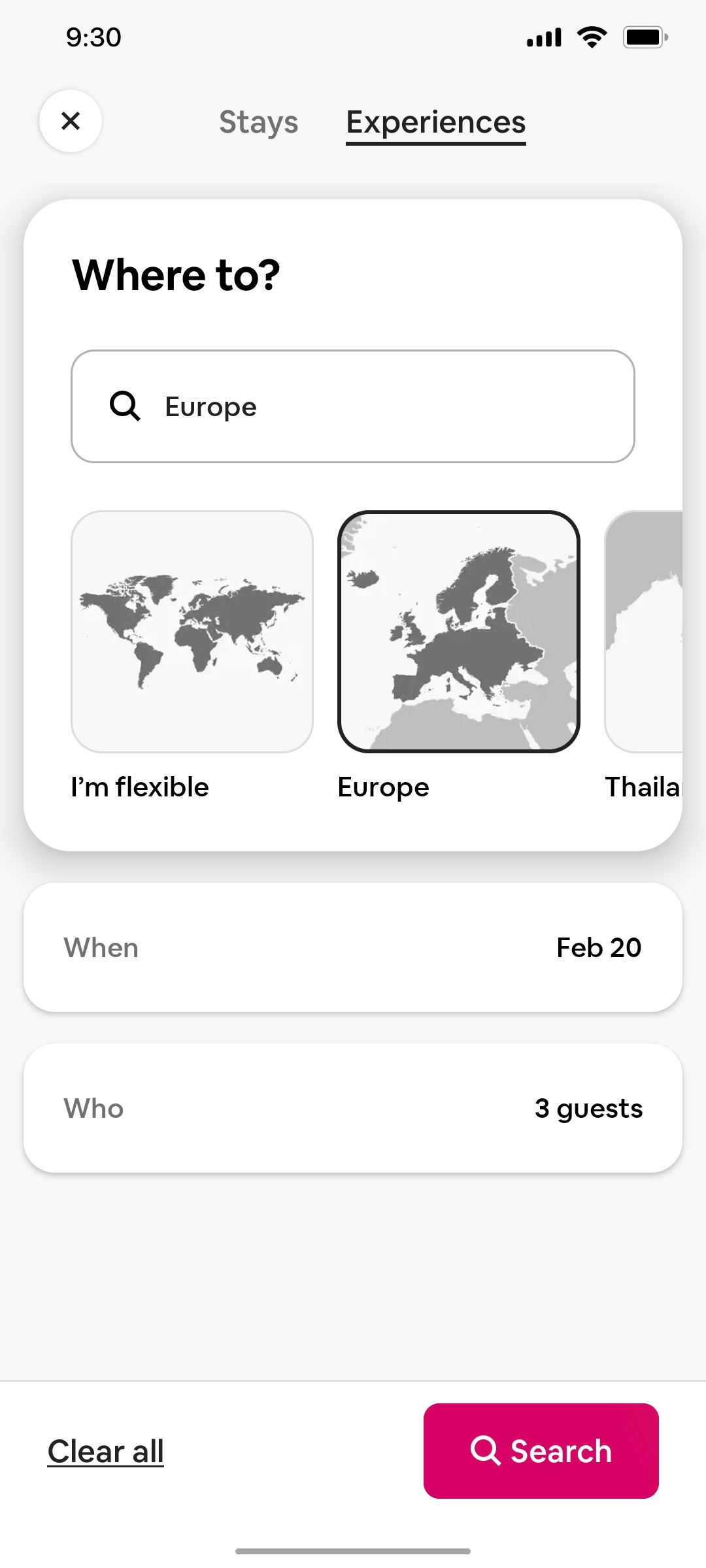 Airbnb Experience Search screen