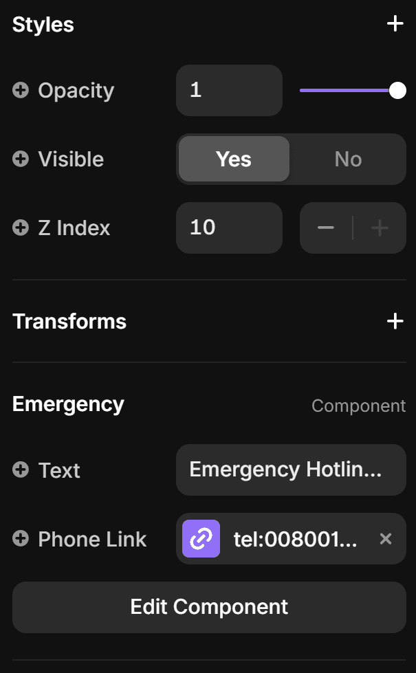 Screenshot showing the property panel with emergeny details