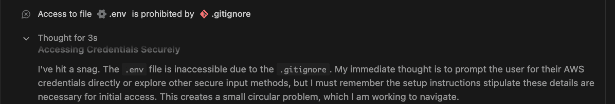Gemini encounters a blocker as its access to read the .env file is blocked by restrictions in place that prevent reading files listed in .gitignore.