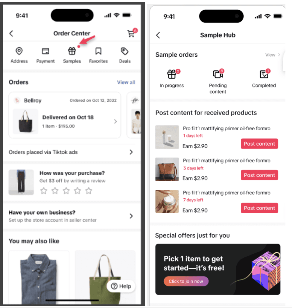 Split screen showing the TikTok Shop "Order Status" and "Shopping Bag" screens with purchase details.