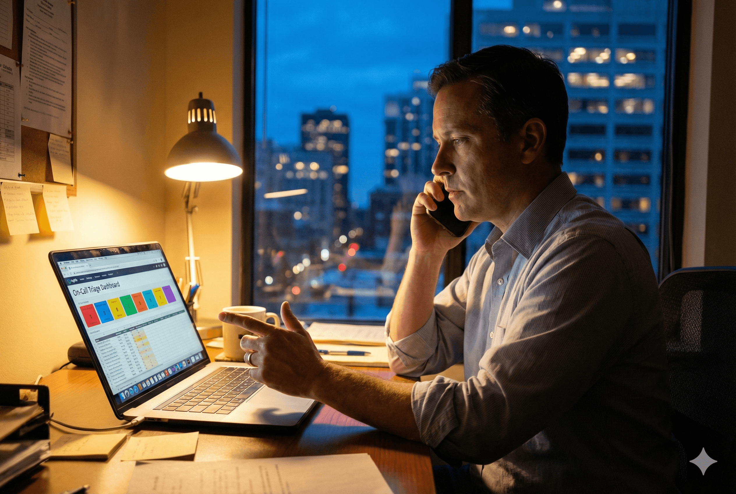 Dedicated home care agency owner managing after-hours client triage and notes from a high-rise office overlooking the city at night.