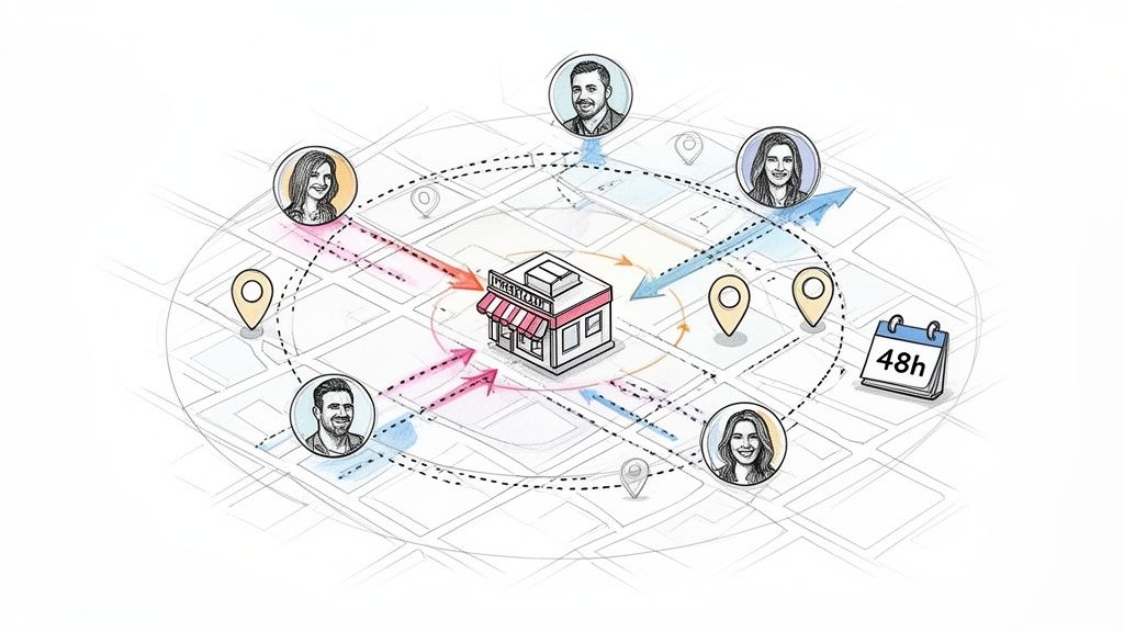 Illustration of a sweet shop on a map, showing customer interactions and local delivery or marketing within 48 hours.