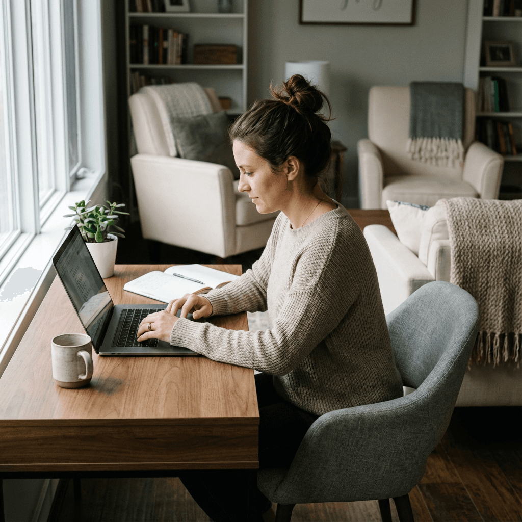 Eine Frau arbeitet im Homeoffice. Ihre Homeoffice Buchung in anny wurden automatisch in Personio übernommen. 
