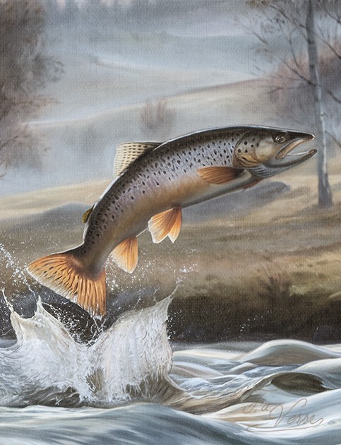 Sacred artwork by Faith and Verse. © Faith and Verse, 2025. All rights reserved. Saint Ulrich of Augsburg holds a leaping trout above flowing water—the fish symbolizes his charity and Christ, recalling the legend of discipline tested and vindicated.