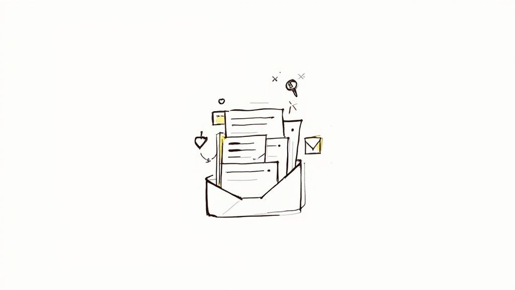 Illustrated open envelope with documents, papers, and email icons representing executive assistant correspondence management